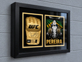 Alex Pereira signed gold UFC glove Gallery Gold display mounted on a grey wall, shown from an angled side view.