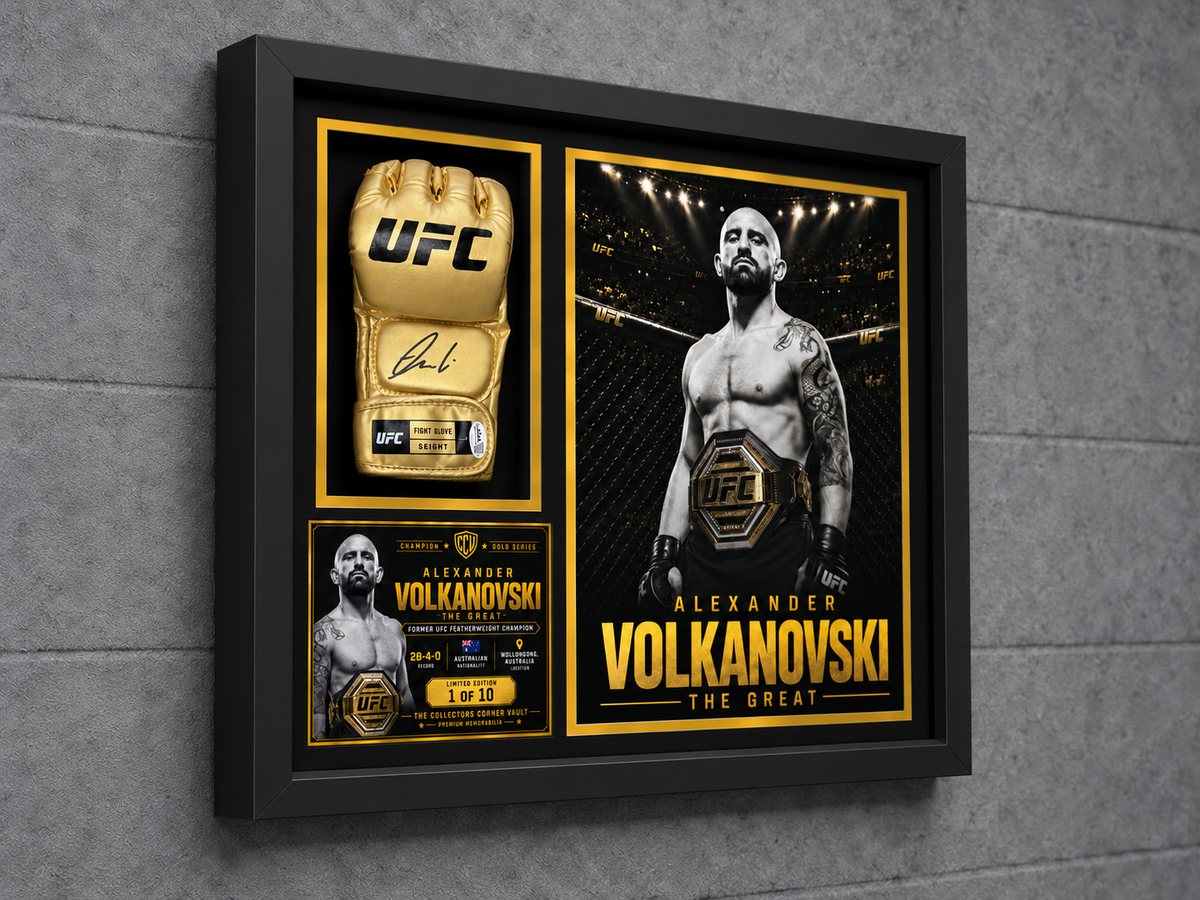 Alexander Volkanovski Champion Gold Series shadow box featuring a JSA-authenticated signed gold UFC glove and custom championship artwork.