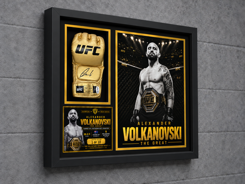 Alexander Volkanovski Champion Gold Series shadow box featuring a JSA-authenticated signed gold UFC glove and custom championship artwork.