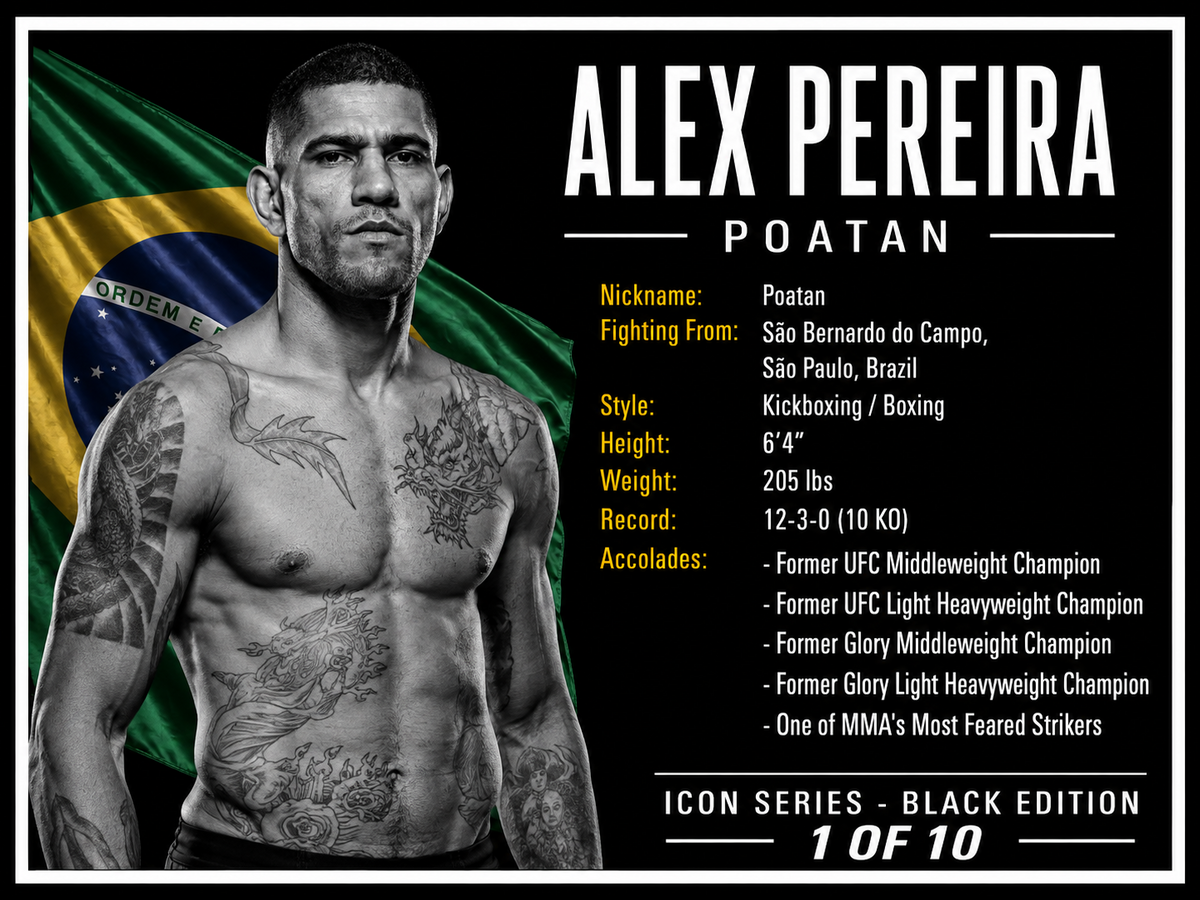 Alex Pereira Poatan fighter biography card Icon Black Series UFC memorabilia display