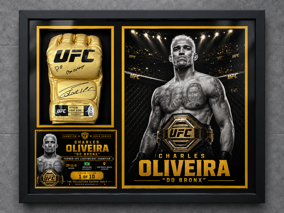 Charles Oliveira Champion Gold Series shadow box featuring a JSA-authenticated signed gold UFC glove with Do Bronx inscription.