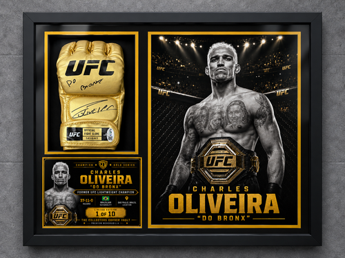 Charles Oliveira Champion Gold Series shadow box featuring a JSA-authenticated signed gold UFC glove with Do Bronx inscription.