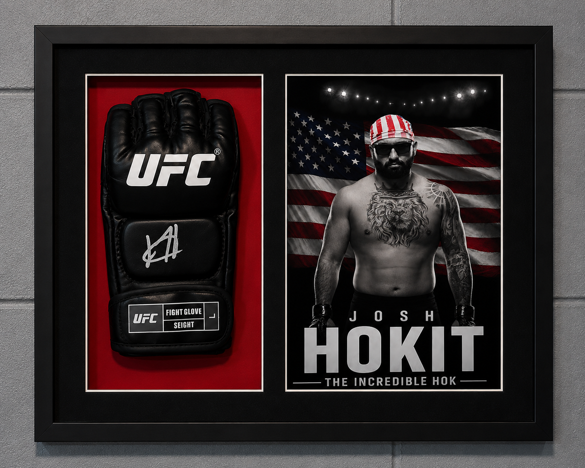 Josh Hokit framed UFC memorabilia display on a gray wall, featuring a black UFC fight glove on a red background on the left and a black-and-white portrait of Josh Hokin with an American flag backdrop on the right, all inside a black frame.
