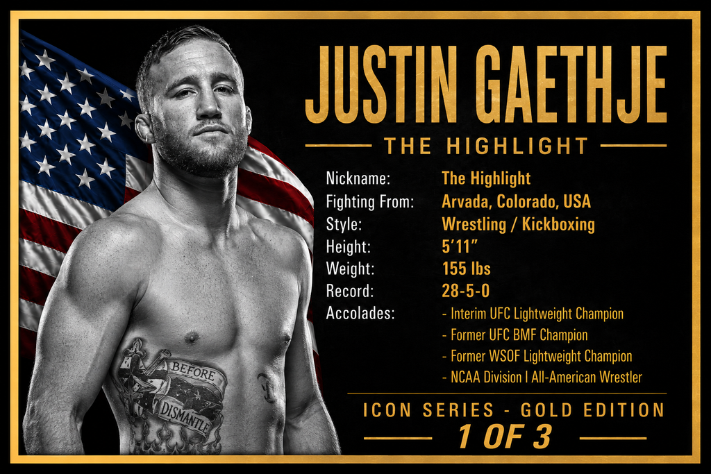 JUSTIN GAETHJE Signed Gold UFC Glove Shadow Box PSA/DNA | Icon Gold 1/3 | 22x18