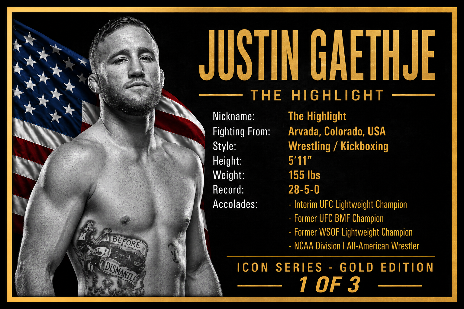 JUSTIN GAETHJE Signed Gold UFC Glove Shadow Box PSA/DNA | Icon Gold 1/3 | 22x18