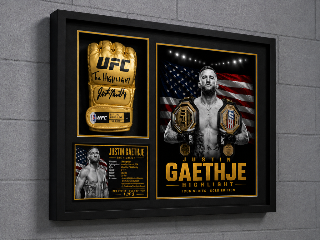 JUSTIN GAETHJE Signed Gold UFC Glove Shadow Box PSA/DNA | Icon Gold 1/3 | 22x18