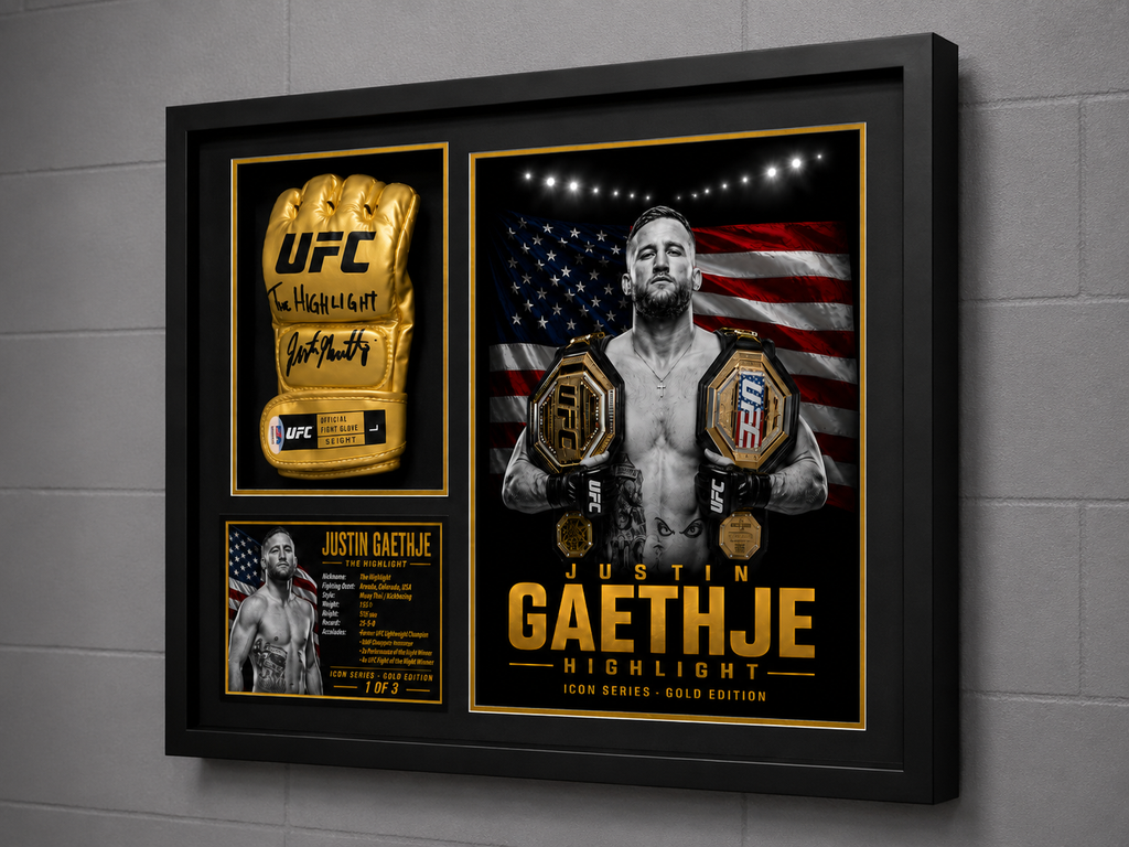 JUSTIN GAETHJE Signed Gold UFC Glove Shadow Box PSA/DNA | Icon Gold 1/3 | 22x18