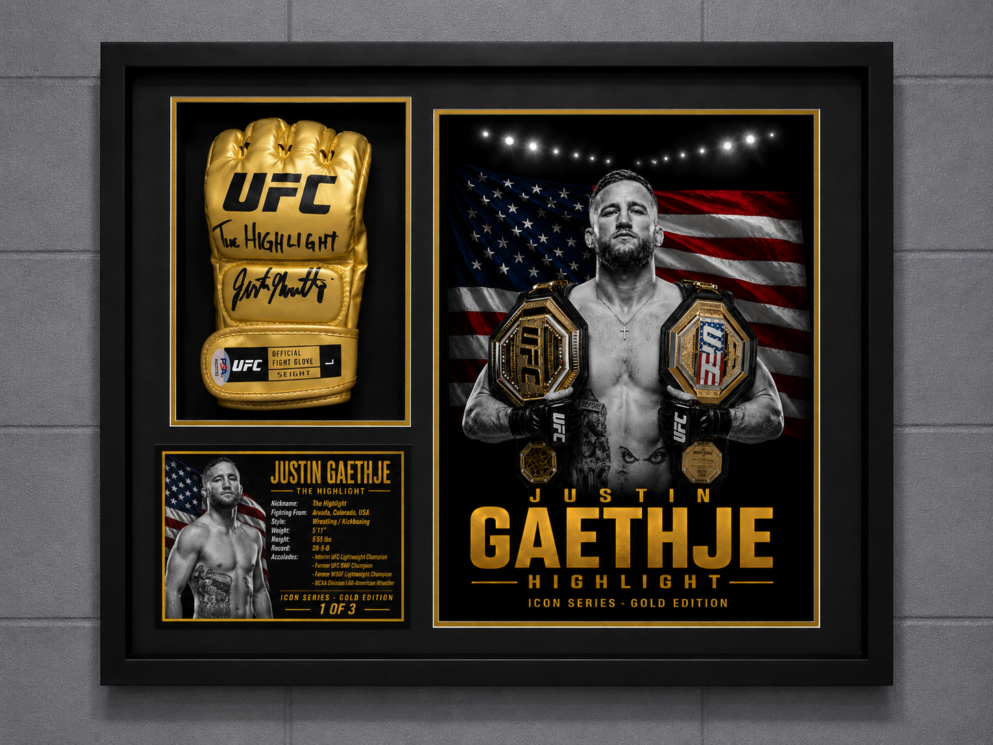 JUSTIN GAETHJE Signed Gold UFC Glove Shadow Box PSA/DNA | Icon Gold 1/3 | 22x18