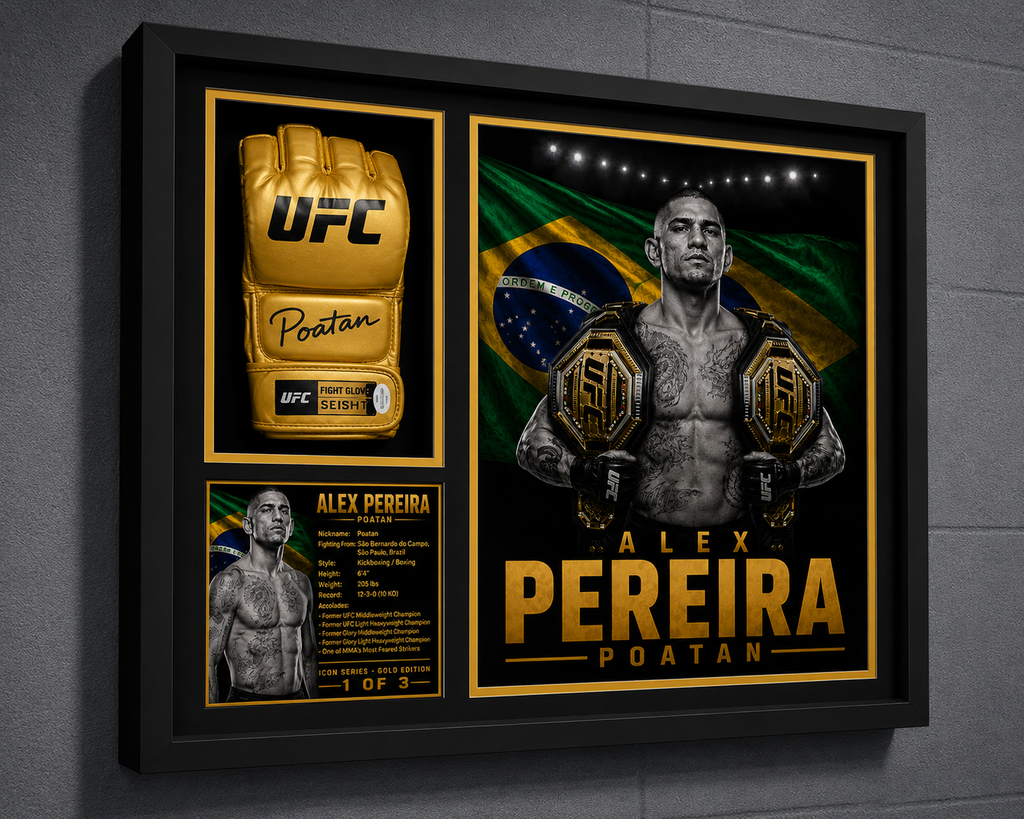 Alex Pereira Signed Gold UFC Glove Shadow Box | JSA | Icon Gold Series