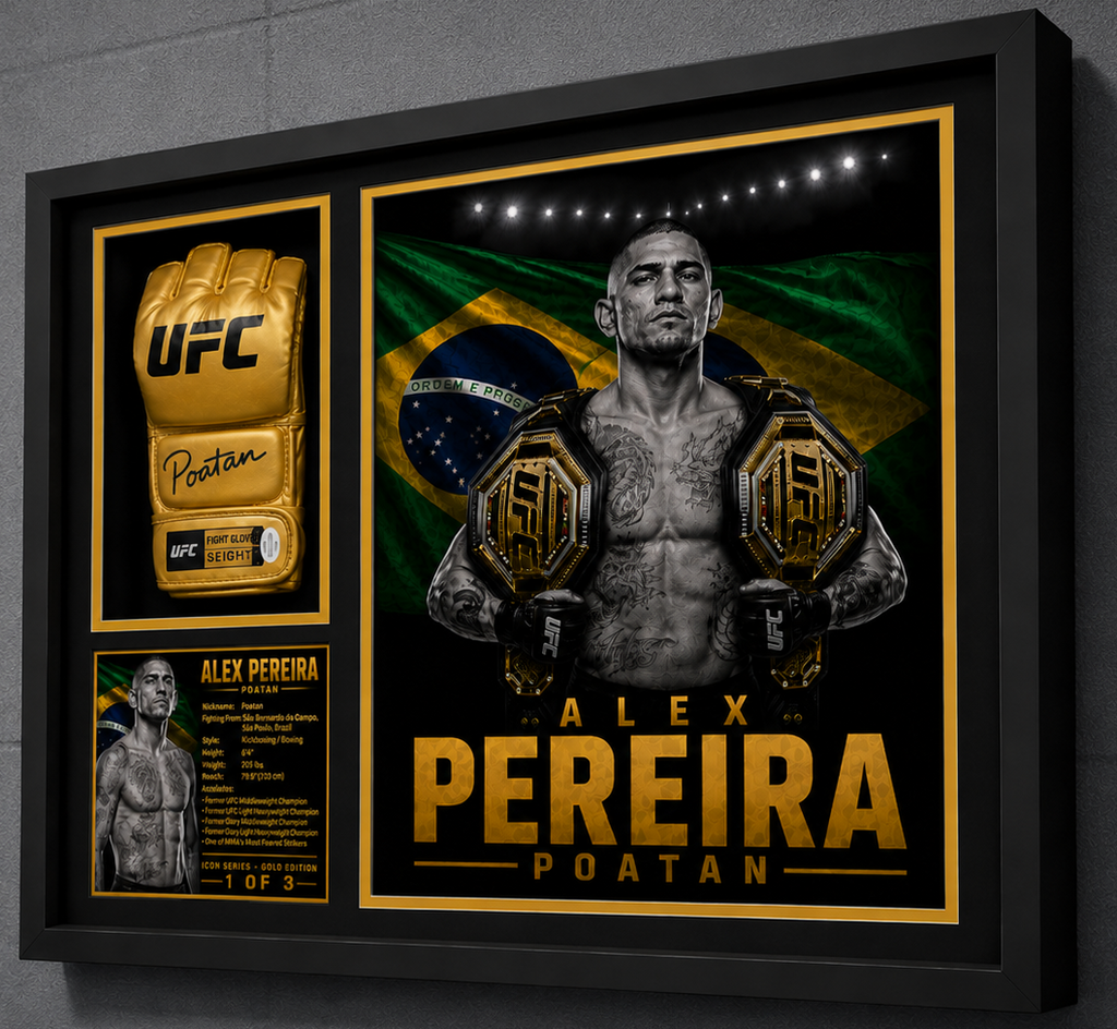 Alex Pereira Signed Gold UFC Glove Shadow Box | JSA | Icon Gold Series