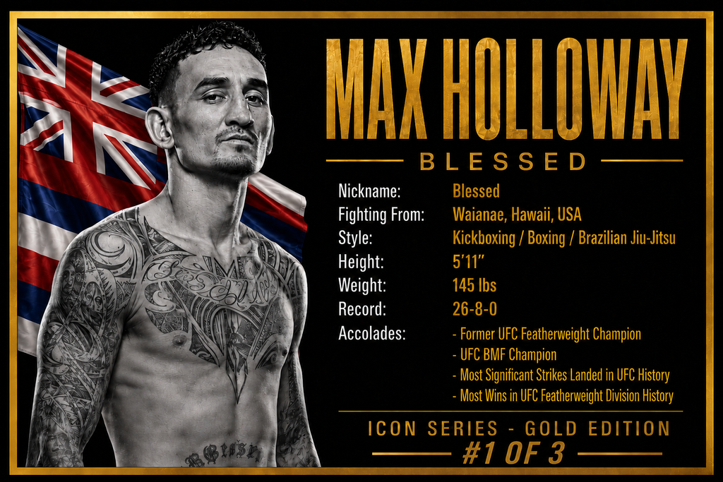 Max Holloway Signed UFC Gold Glove Shadow Box – PSA Authenticated – Icon Gold Series