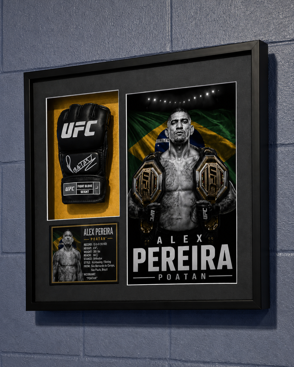 Alex Pereira Poatan UFC memorabilia shadow box with signed glove and Brazilian championship artwork