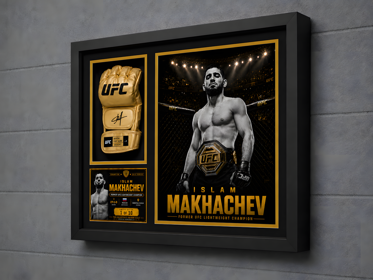 Islam Makhachev Signed Gold UFC Glove JSA Authenticated – Champion Gold Series Limited Edition 1 of 10