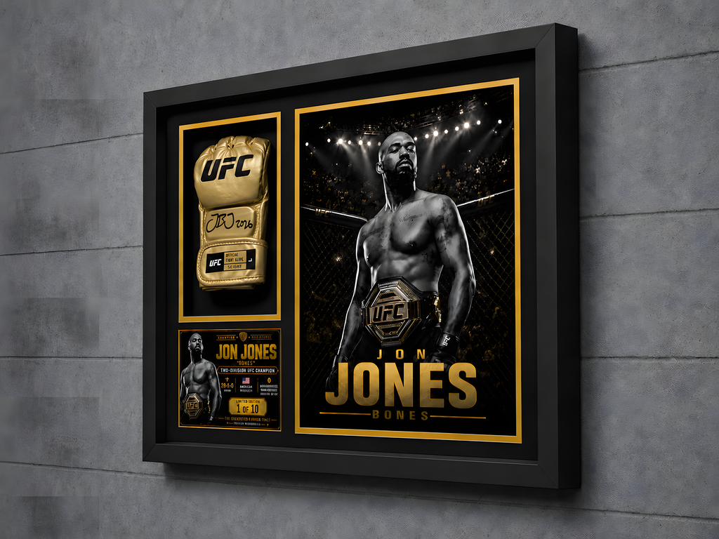 Jon Jones Signed Gold UFC Glove Beckett Authenticated Champion Gold Series Shadow Box – Limited Edition 1 of 10