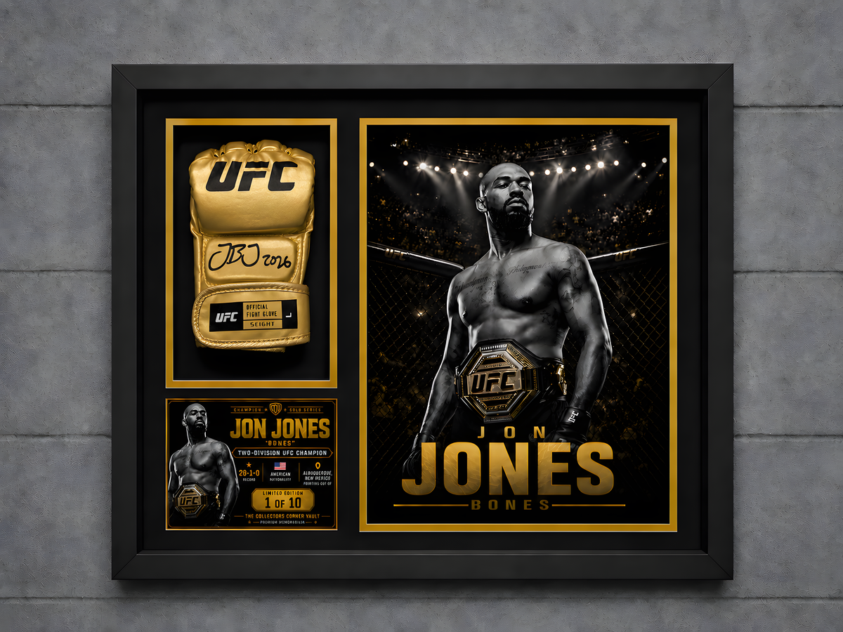 Jon Jones Signed Gold UFC Glove Beckett Authenticated Champion Gold Series Shadow Box – Limited Edition 1 of 10