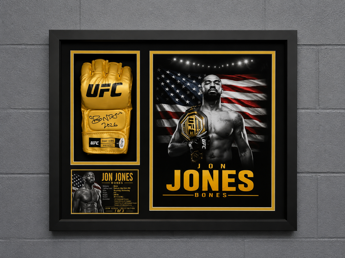 Jon Jones Signed Gold UFC Glove Shadow Box Autograph JSA COA Limited Edition