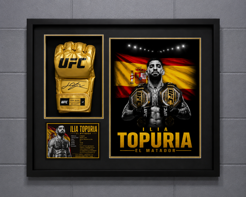 Ilia Topuria Signed Gold UFC Glove Shadow Box JSA | Icon Gold | Limited Edition of 3