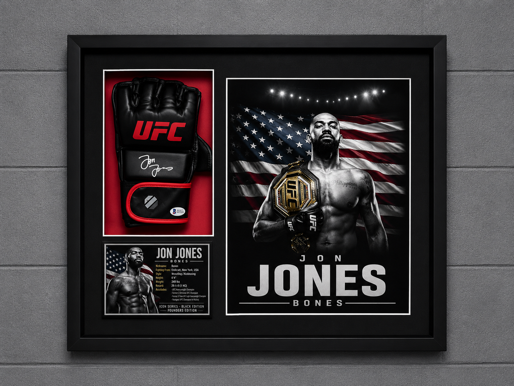 Jon Jones Signed Black UFC Glove Shadow Box Autograph Beckett COA Limited Ed.