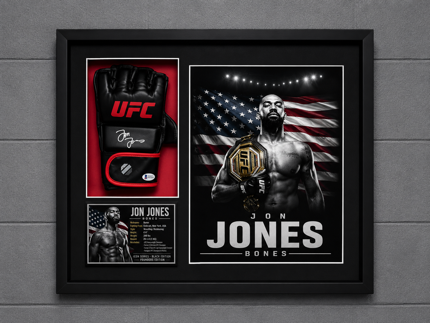 Jon Jones Signed Black UFC Glove Shadow Box Autograph Beckett COA Limited Ed.