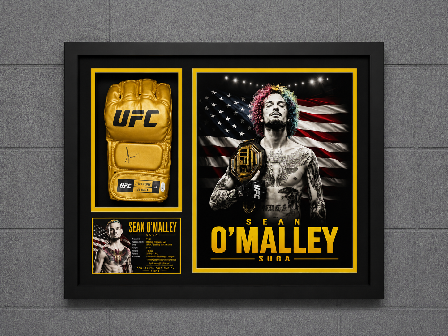 Sean O'Malley Signed Gold UFC Glove Shadow Box Autograph JSA COA 1/3 Custom Art