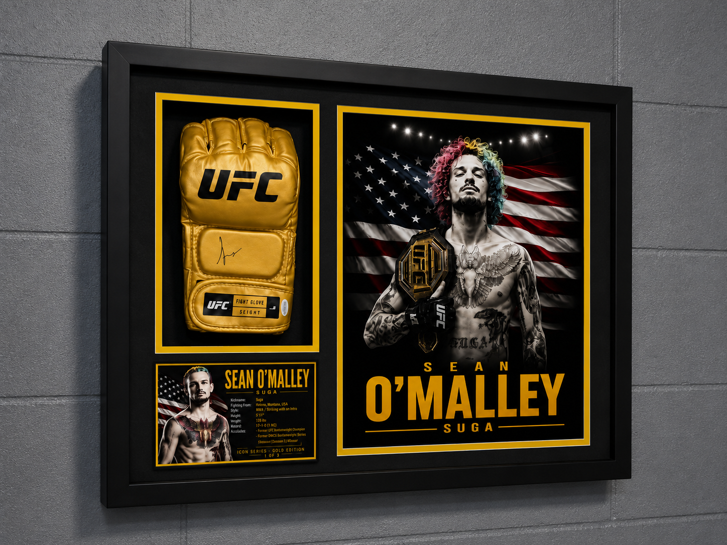 Sean O'Malley Signed Gold UFC Glove Shadow Box Autograph JSA COA 1/3 Custom Art
