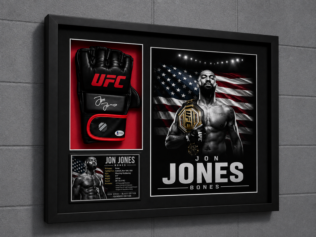 Jon Jones Signed Black UFC Glove Shadow Box Autograph Beckett COA Limited Ed.