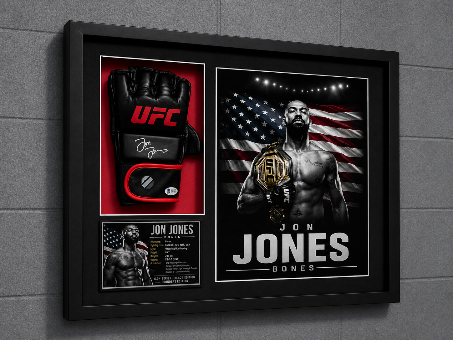 Jon Jones Signed Black UFC Glove Shadow Box Autograph Beckett COA Limited Ed.