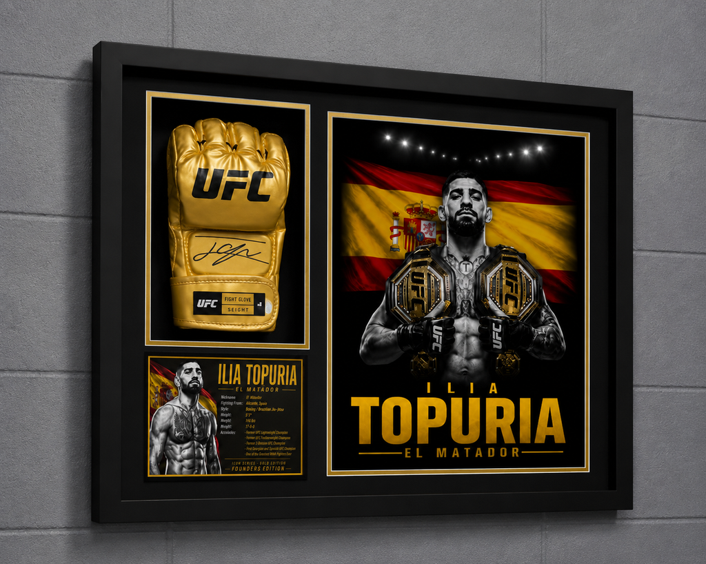 Ilia Topuria Signed Gold UFC Glove Shadow Box JSA | Icon Gold | Limited Edition of 3
