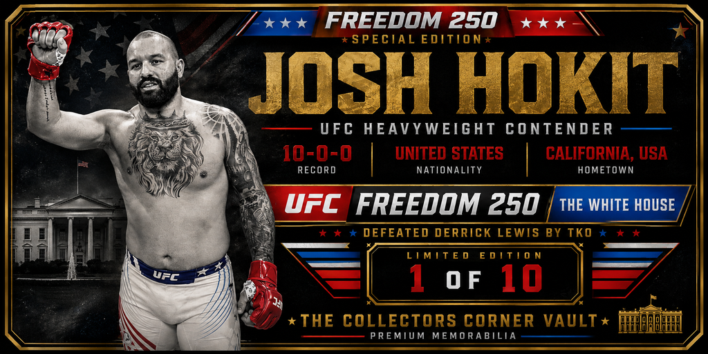 Promotional poster-style graphic for a limited edition Josh Hokit UFC Heavyweight Contender collectible, featuring a shirtless tattooed fighter raising a fist, large gold and red text, and a dark patriotic background with the U.S.