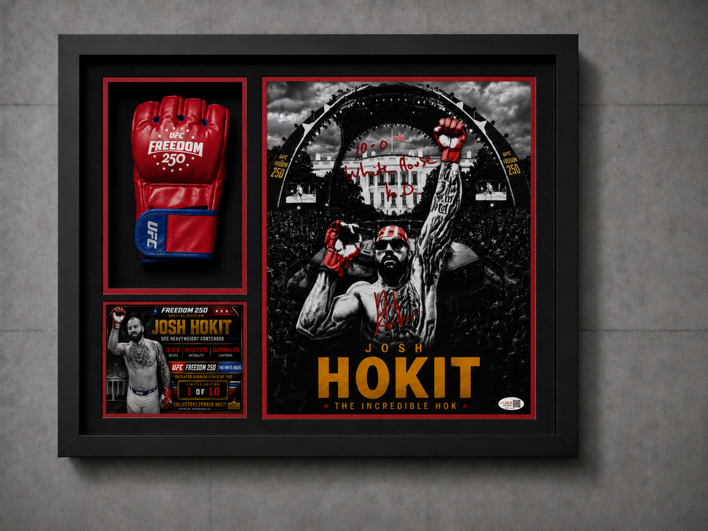 A framed sports memorabilia display mounted on a gray wall, featuring a red and blue UFC fight glove, a large black-and-gold Josh Hokit poster, and a small event ticket insert inside a black frame.