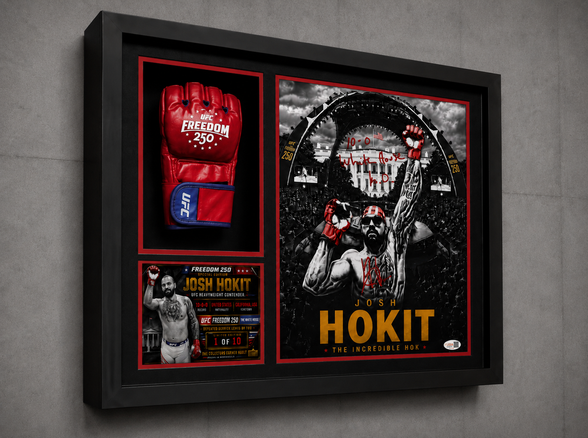 A framed Josh Hokit fight memorabilia display mounted on a gray wall. The black shadowbox frame contains a red UFC boxing glove, a small Hokit fight ticket, and a large black-and-red poster with 'JOSH HOKIT' in gold text.