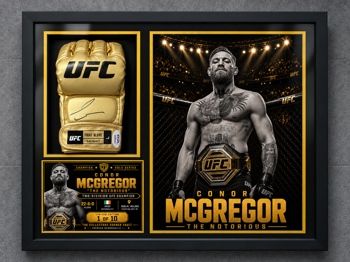 Conor McGregor Champion Gold Series shadow box featuring a PSA/DNA-authenticated signed gold UFC glove and custom championship artwork