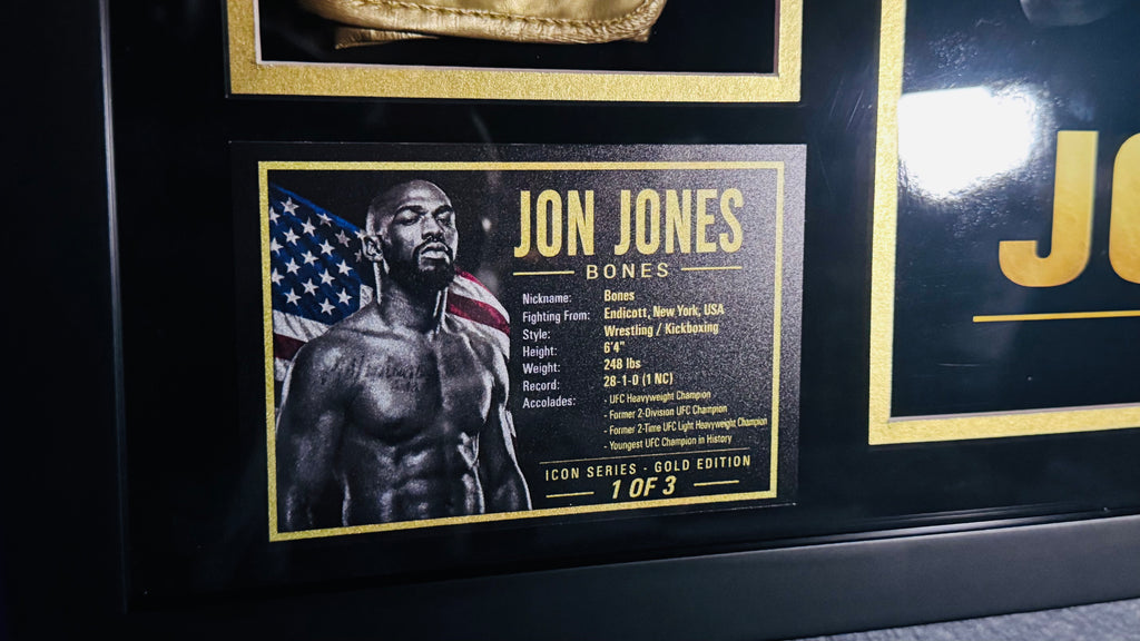 Jon Jones Signed Gold UFC Glove Shadow Box Autograph JSA COA Limited Edition