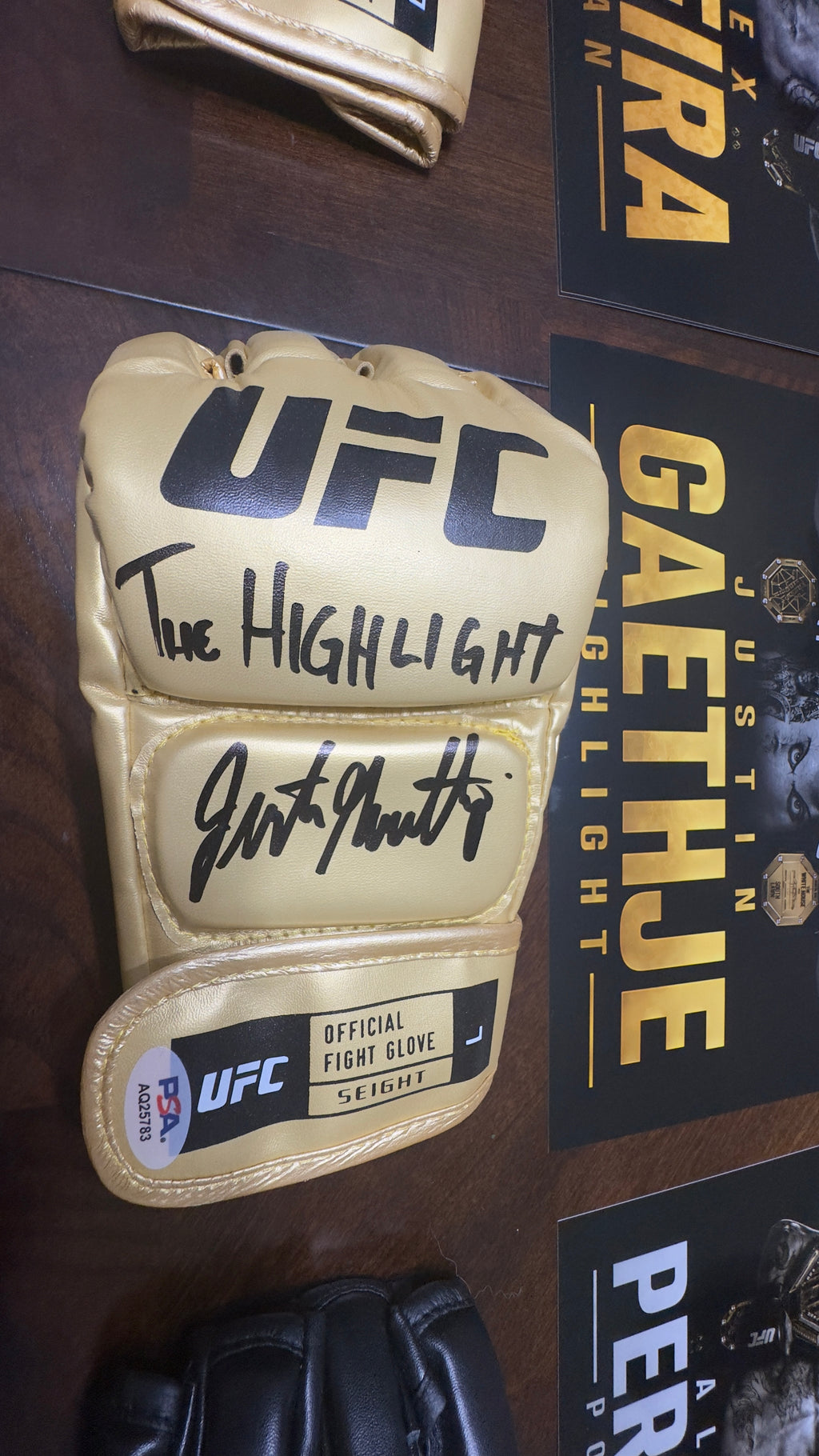 JUSTIN GAETHJE Signed Gold UFC Glove Shadow Box PSA/DNA | Icon Gold 1/3 | 22x18