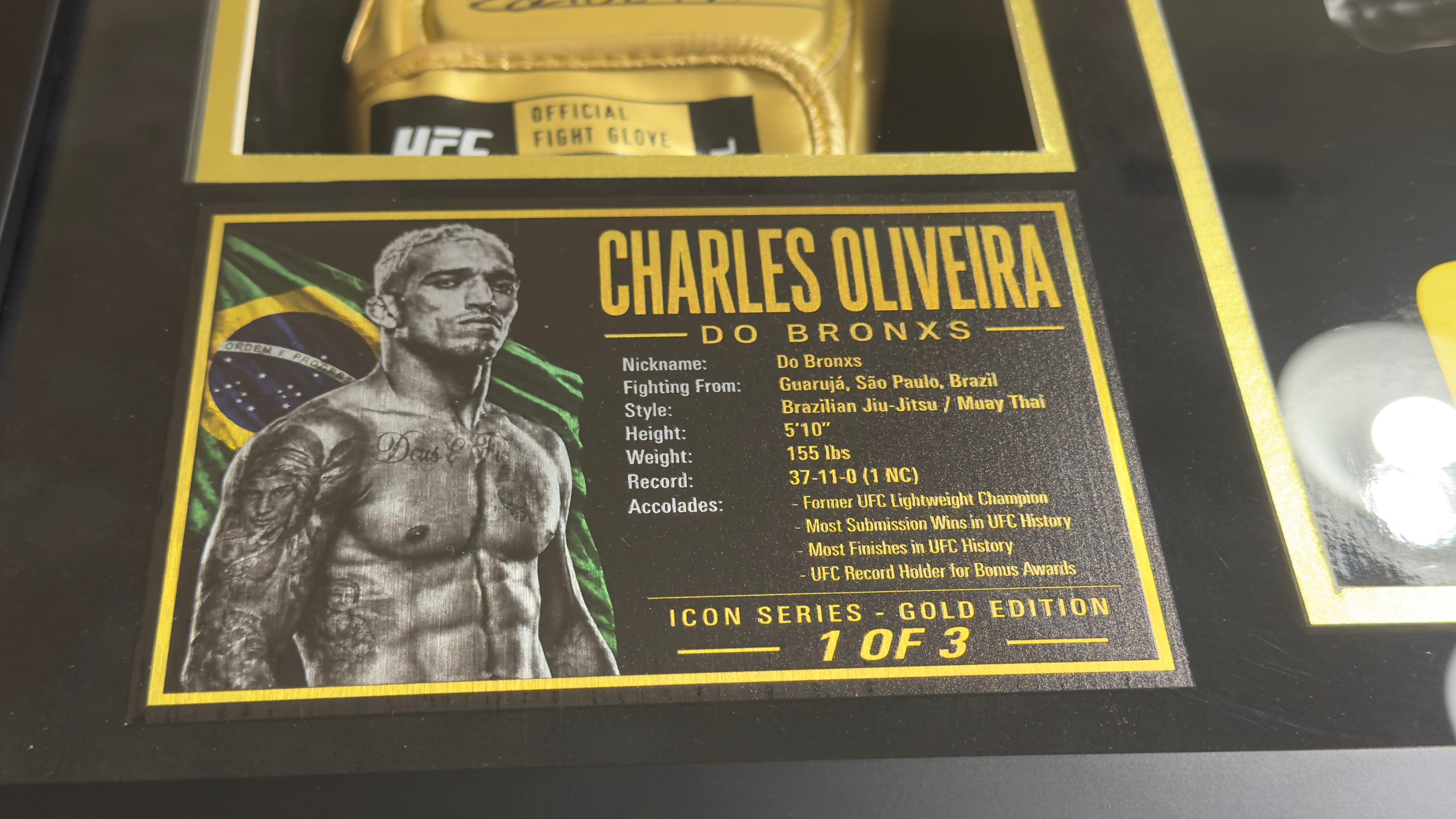 Charles Oliveira Signed Gold UFC Glove Shadow Box | Icon Gold