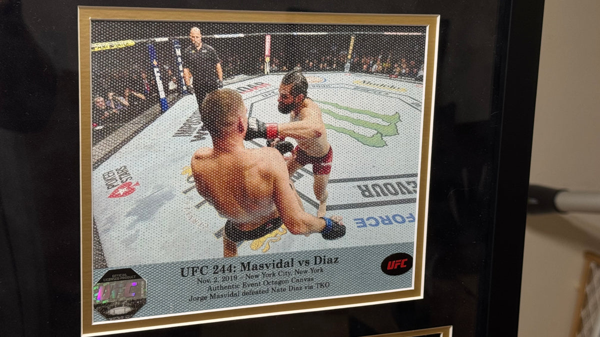 Jorge Masvidal & Nate Diaz Signed Gold UFC Gloves – UFC 244 BMF Event-Used Octagon Canvas Museum Display