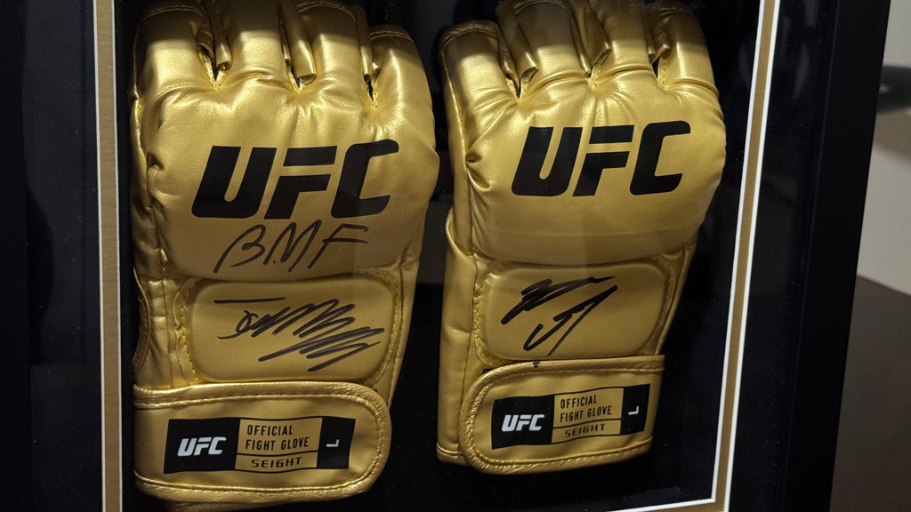 Jorge Masvidal & Nate Diaz Signed Gold UFC Gloves – UFC 244 BMF Event-Used Octagon Canvas Museum Display
