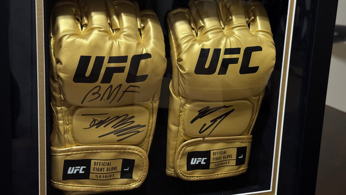 Jorge Masvidal & Nate Diaz Signed Gold UFC Gloves – UFC 244 BMF Event-Used Octagon Canvas Museum Display