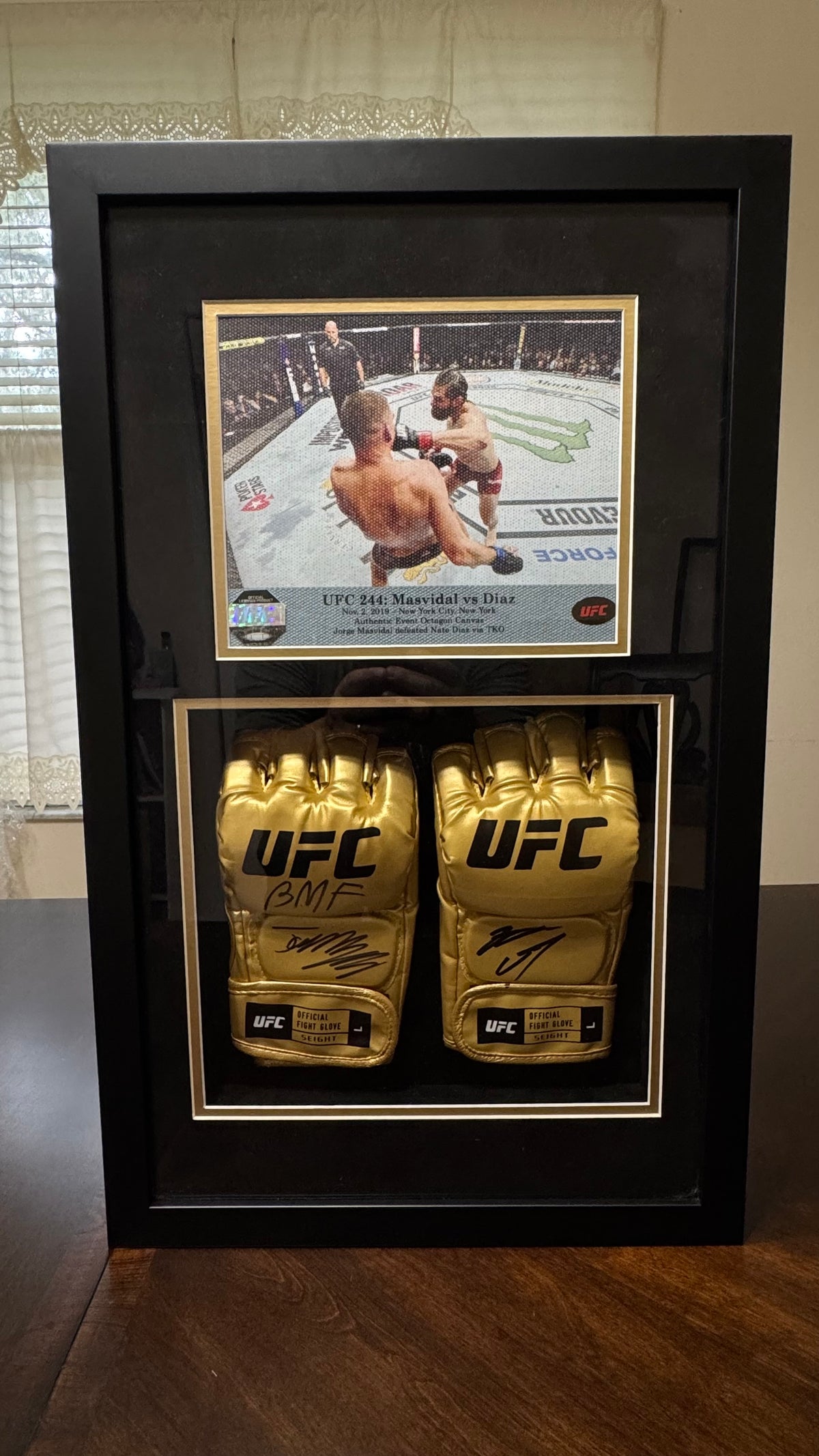 Jorge Masvidal & Nate Diaz Signed Gold UFC Gloves – UFC 244 BMF Event-Used Octagon Canvas Museum Display