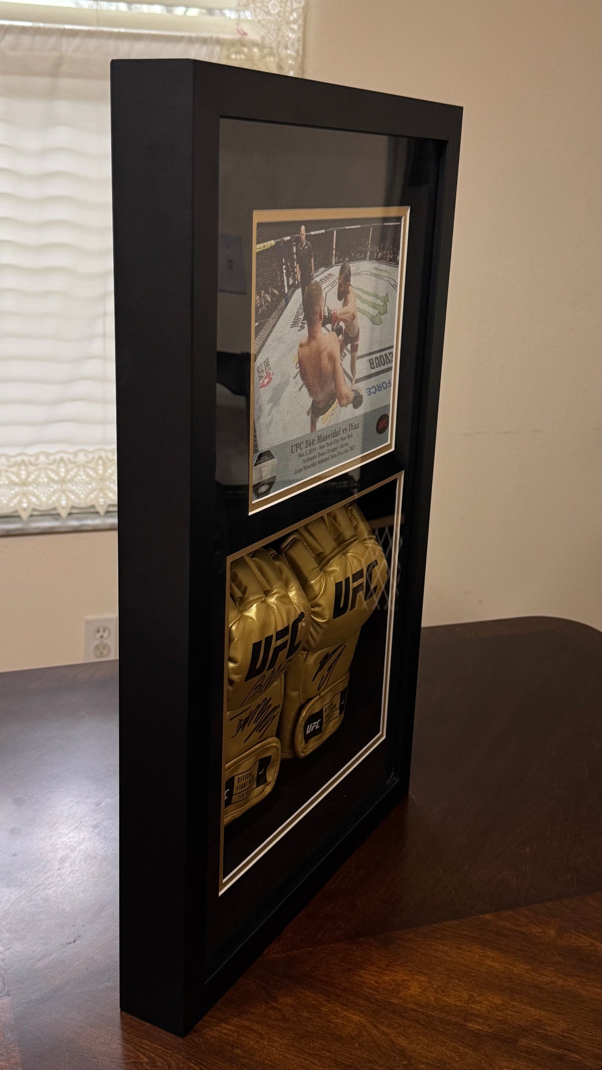 Jorge Masvidal & Nate Diaz Signed Gold UFC Gloves – UFC 244 BMF Event-Used Octagon Canvas Museum Display