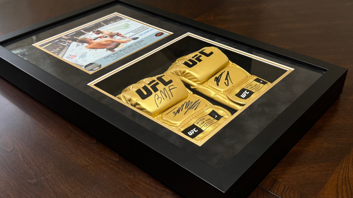 Jorge Masvidal & Nate Diaz Signed Gold UFC Gloves – UFC 244 BMF Event-Used Octagon Canvas Museum Display