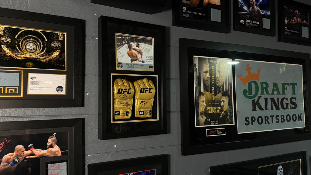 Jorge Masvidal & Nate Diaz Signed Gold UFC Gloves – UFC 244 BMF Event-Used Octagon Canvas Museum Display