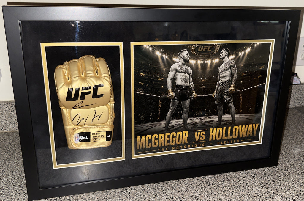 Conor McGregor x Max Holloway Dual-Signed Gold UFC Glove Shadow Box – PSA Authenticated