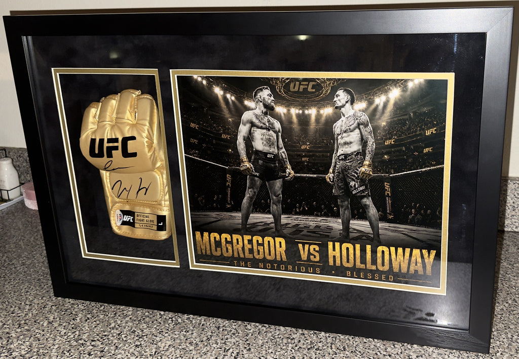 Conor McGregor x Max Holloway Dual-Signed Gold UFC Glove Shadow Box – PSA Authenticated