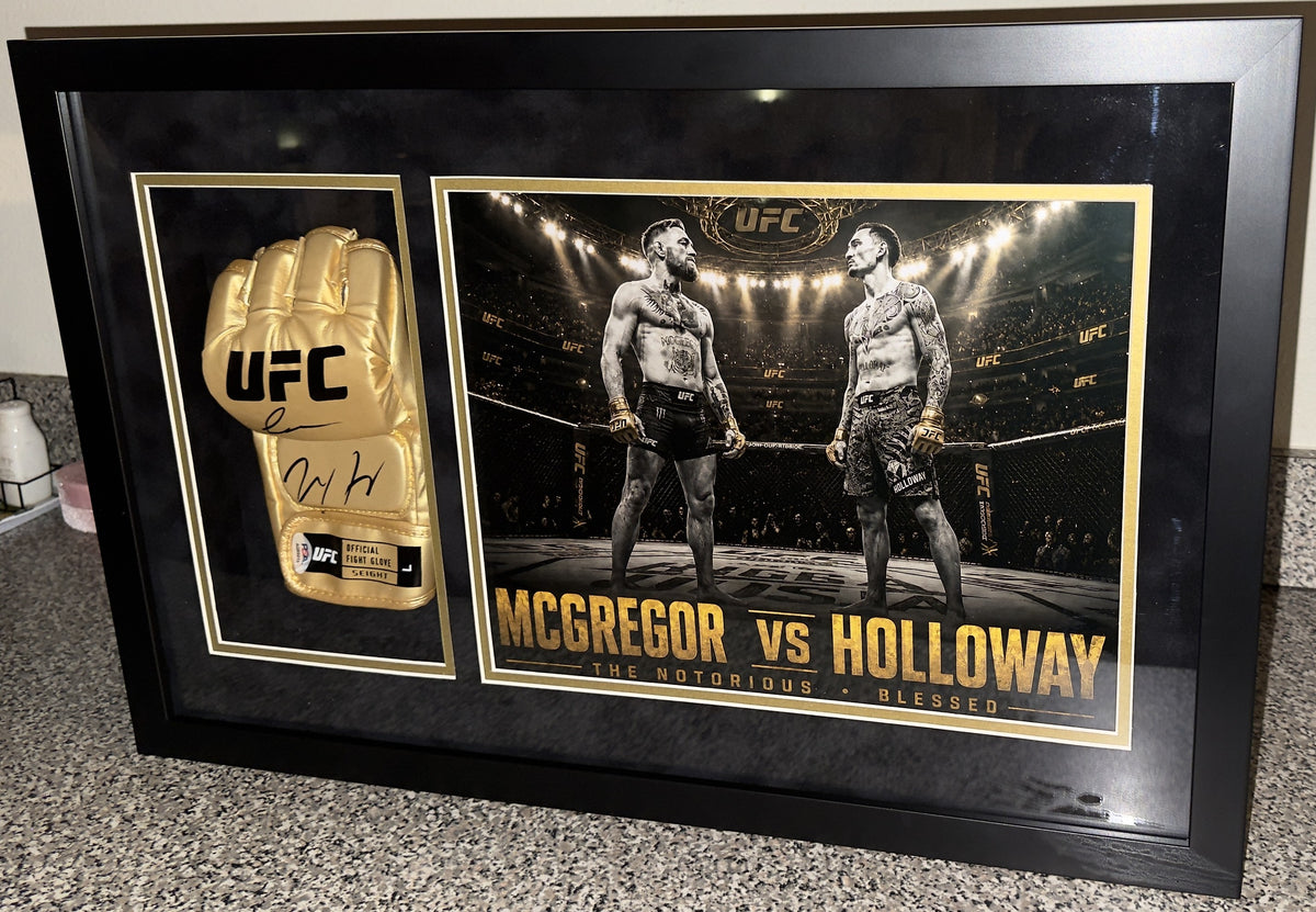 Conor McGregor x Max Holloway Dual-Signed Gold UFC Glove Shadow Box – PSA Authenticated