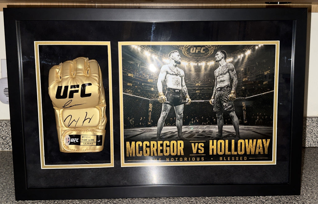 Conor McGregor x Max Holloway Dual-Signed Gold UFC Glove Shadow Box – PSA Authenticated
