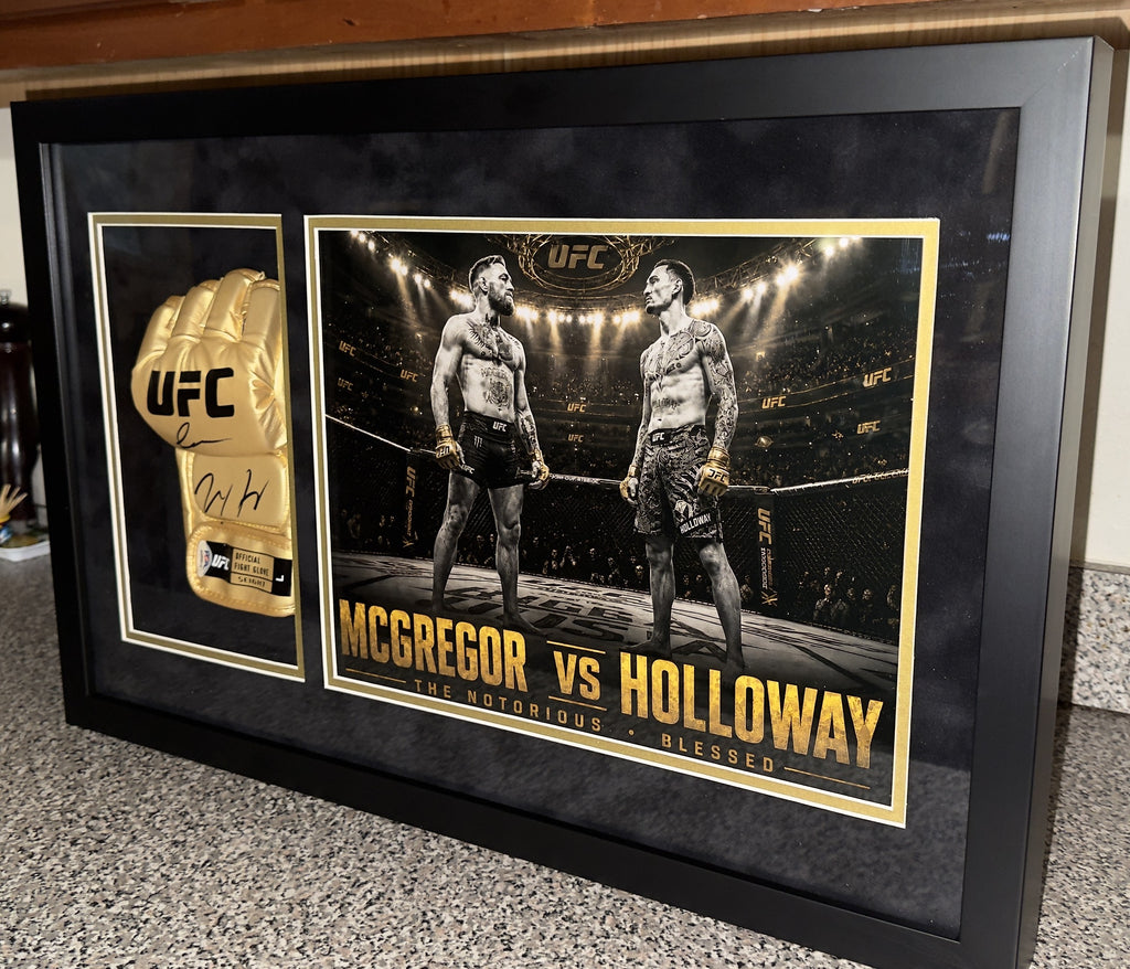 Conor McGregor x Max Holloway Dual-Signed Gold UFC Glove Shadow Box – PSA Authenticated