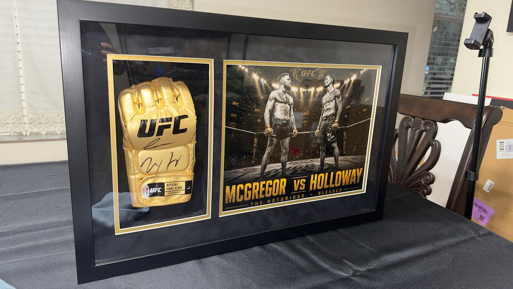 Conor McGregor x Max Holloway Dual-Signed Gold UFC Glove Shadow Box – PSA Authenticated