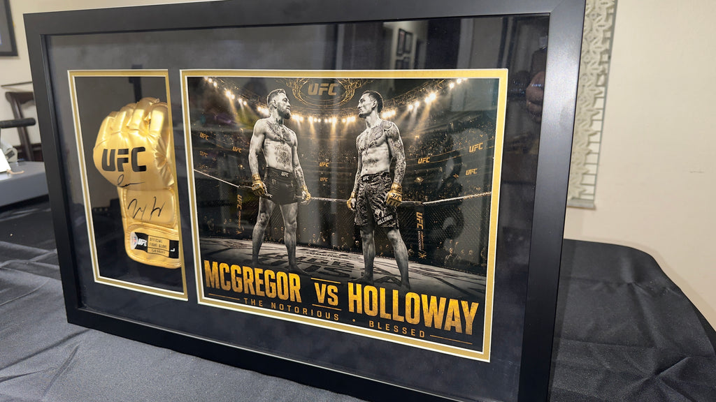 Conor McGregor x Max Holloway Dual-Signed Gold UFC Glove Shadow Box – PSA Authenticated
