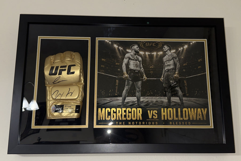 Conor McGregor x Max Holloway Dual-Signed Gold UFC Glove Shadow Box – PSA Authenticated